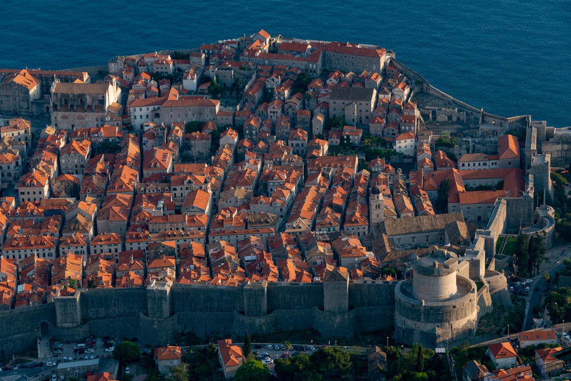 Aerial view of Dubrovnik old town walls and Adriatic Sea Croatia