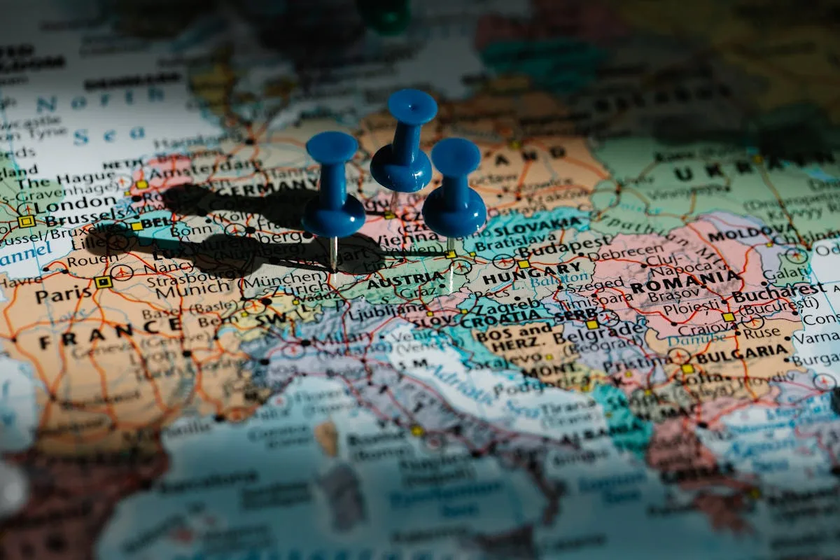 Map of Europe with blue pushpins marking countries including Croatia - comparing European digital nomad visas