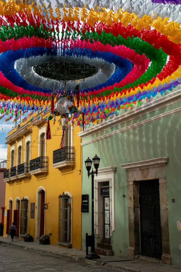 Moving to Mexico as an American - vibrant street decorations in Oaxaca showcasing Mexican culture and architecture