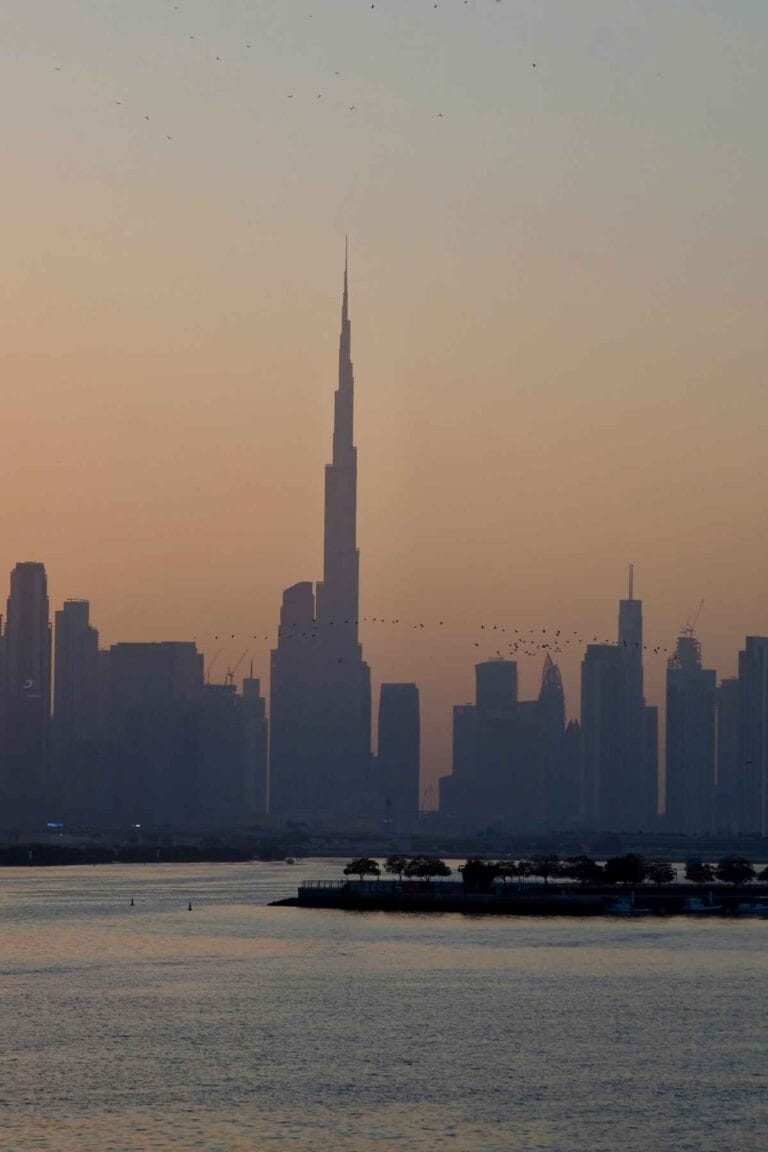 Burj Khalifa rising over Dubai financial district where American expats open international bank accounts